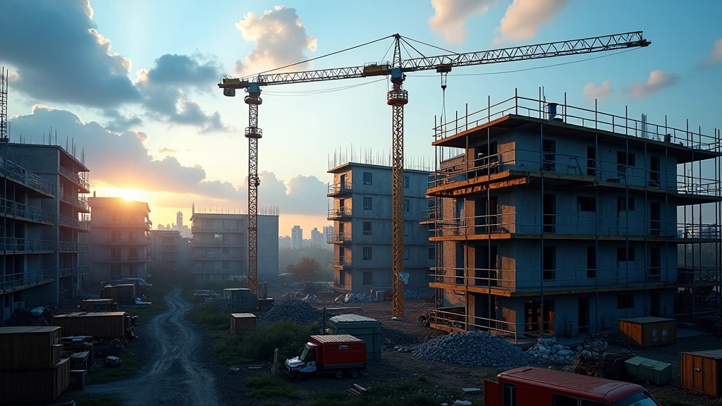 Baustelle mit Kran und modernem Baugerüst für Wohnprojekt