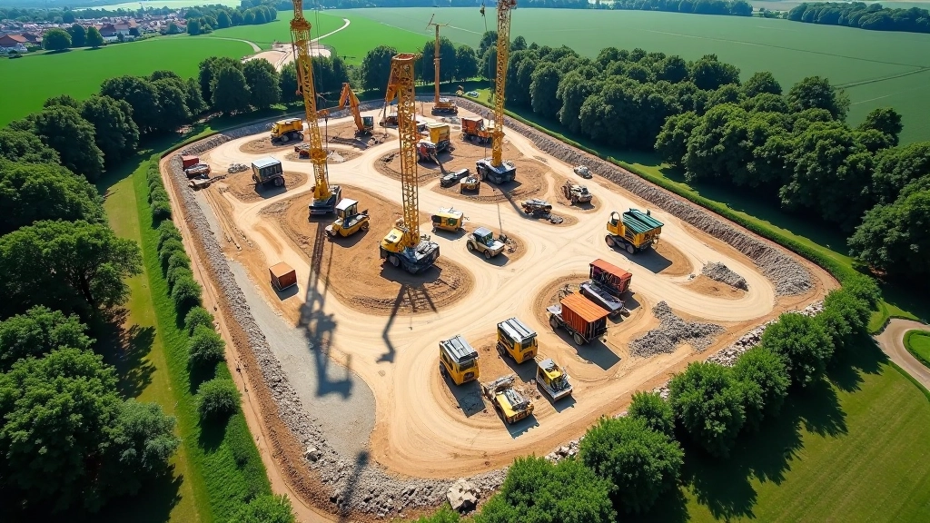 Luftaufnahme eines großen Gewerbegebiets mit mehreren Baustellen, Kränen und Maschinen, grüne Flächen daneben, sonniger Tag, scharfer Fokus