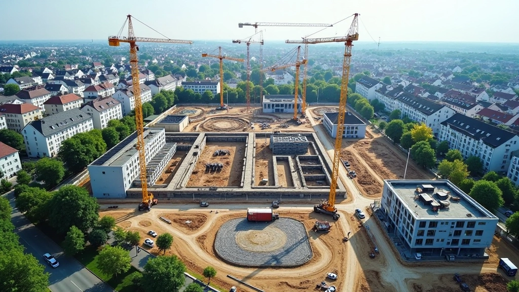 Luftaufnahme einer großen Baustelle mit mehreren Kränen und Bauarbeiter beim Fundament