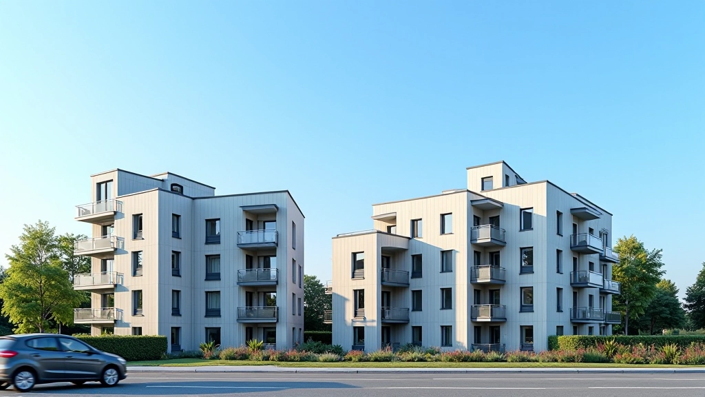 Baustelle mit modernen Gebäuden und Baukränen vor blauem Himmel, Luftaufnahme, scharfer Fokus