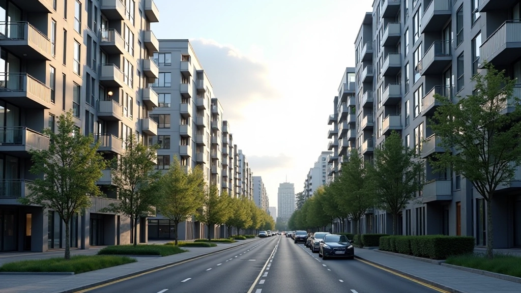 Stadtansicht Berlin mit modernen Wohnblöcken, Straßenszene in einem urbanen Viertel, Tageslicht-Aufnahme, mittags beleuchtet, scharfer Fokus