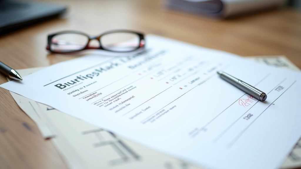 Baugenehmigungsdokument mit Stempel und Unterschrift auf Schreibtisch, Bauplan daneben