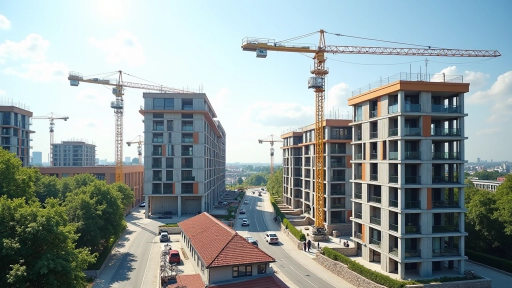 Baustelle mit modernem Wohnprojekt, Kräne und Bauarbeiter, urbane Entwicklung, Tageslicht, Bauaktivität in einer Großstadt, scharfer Fokus
