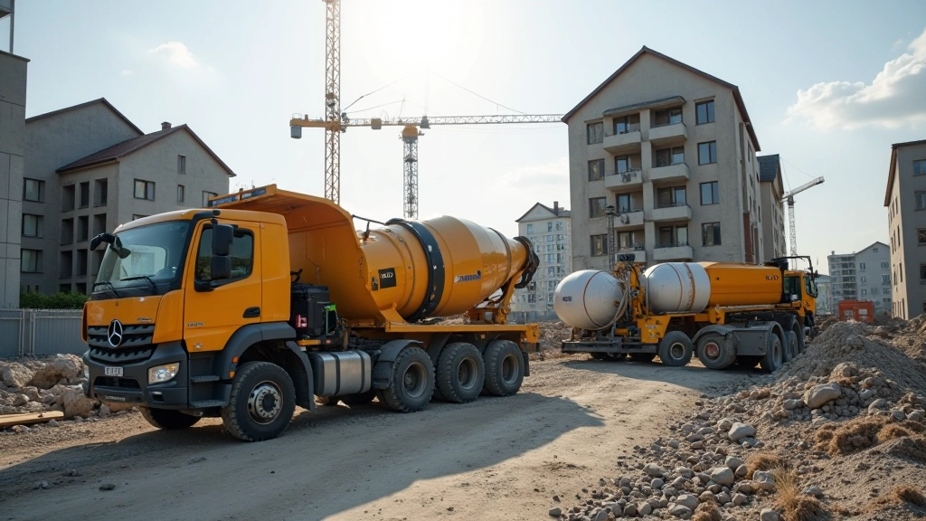 Große Baustelle mit Betonmischmaschinen und Bauarbeitern beim Hochbau