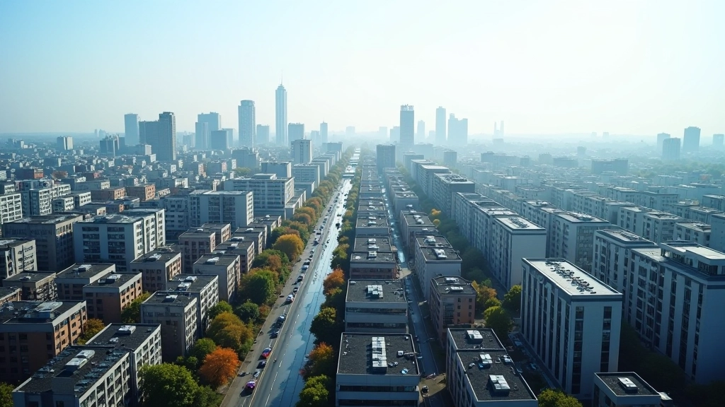 Luftaufnahme einer modernen Großstadt mit Wohngebäuden und Bürotürmen, Vogelperspektive, klarer Himmel, scharfer Fokus