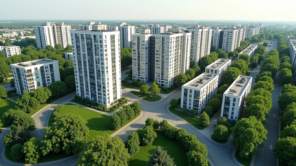 Luftaufnahme einer modernen Wohnanlage in einer deutschen Großstadt mit mehreren Neubauten und Grünflächen