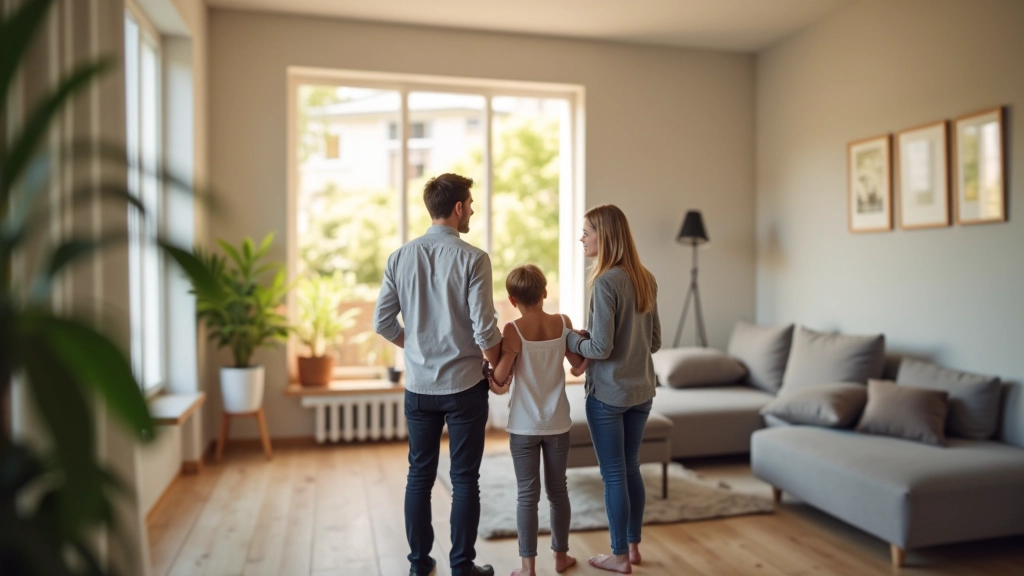 Makler zeigt Familie neue Wohnung, freundlicher Blick, helles Wohnzimmer, moderné Ausstattung, authentische Situation