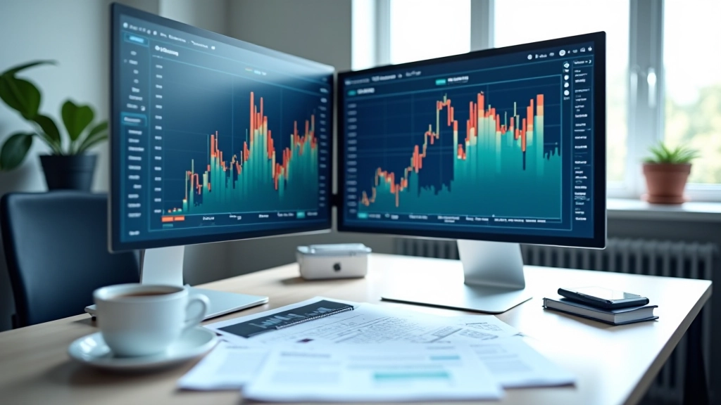 Modernem Büro mit mehreren Monitoren zeigen Marktdaten und Grafiken, Papiere auf dem Schreibtisch, natürliches Licht, professionelle Umgebung
