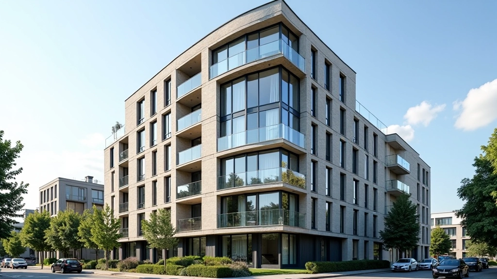 Modernes Wohngebäude mit Fassade aus Glas und Stein, München Stadtzentrum, helle Tageslicht-Architektur-Fotografie, klarer Himmel, scharfer Fokus