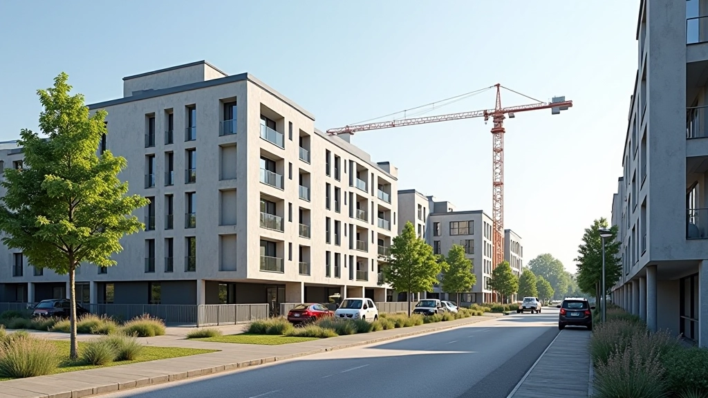 Moderne Baustelle mit Kränen und Baugenehmigungsschild, sonniger Tag, klare Sicht