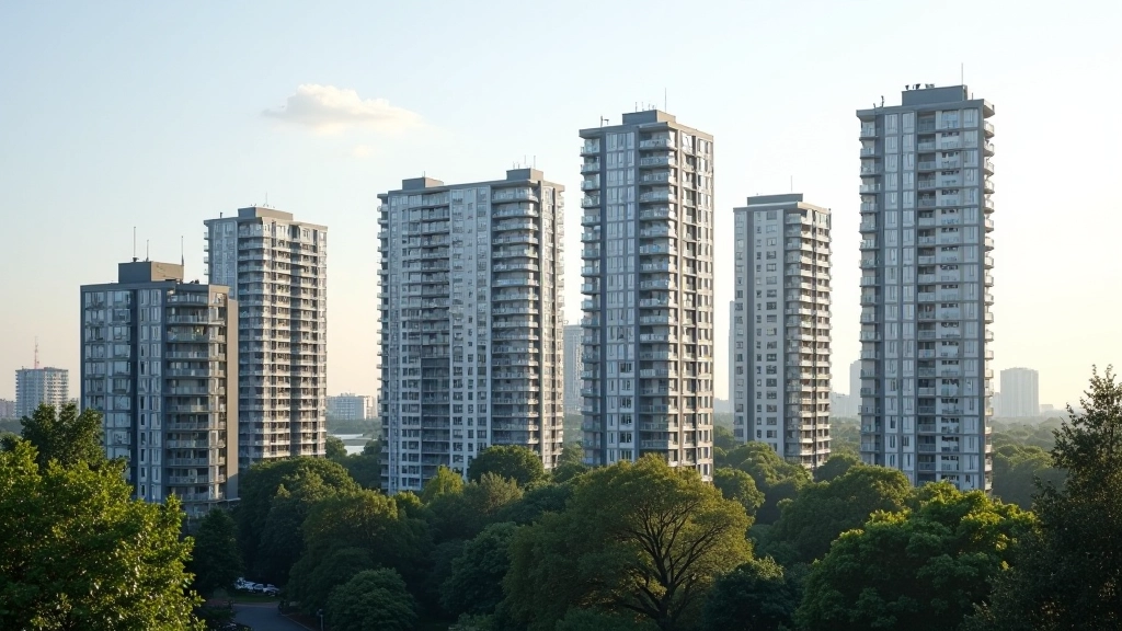 Moderne Wohngebäude in deutscher Großstadt, Skyline mit mehreren Hochhäusern