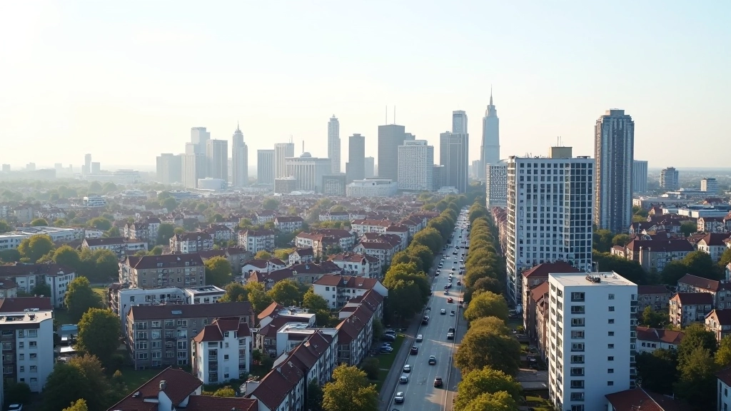 Stadtentwicklung mit modernen Wohngebäuden und urbaner Skyline, Luftaufnahme einer Großstadt mit dichter Bebauung, Tageslicht, scharfer Fokus