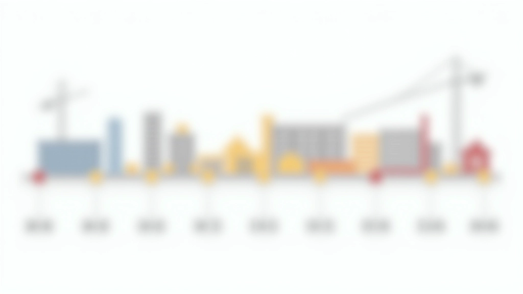 Zeitstrahl zeigt Bauprojektphasen von Planung bis Fertigstellung mit Zeitangaben, verschiedene Farbsegmente, Meilensteine gekennzeichnet, klare Typografie