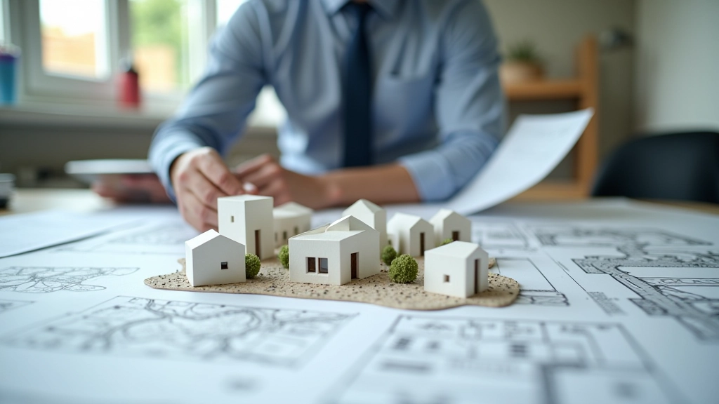 Stadtplaner mit Modell einer Neubausiedlung, verschiedene Gebäude und Grünanlagen sichtbar