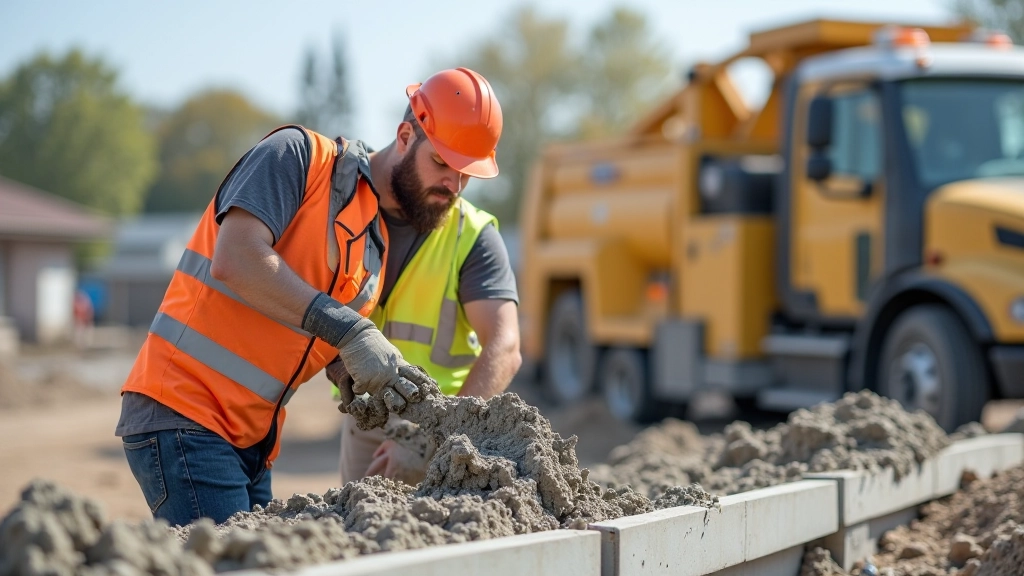 Arbeitern auf Baustelle beim Betonieren, Schutzkleidung, modernes Baugerät im Hintergrund, heller Tageslicht, realistisches Szenario
